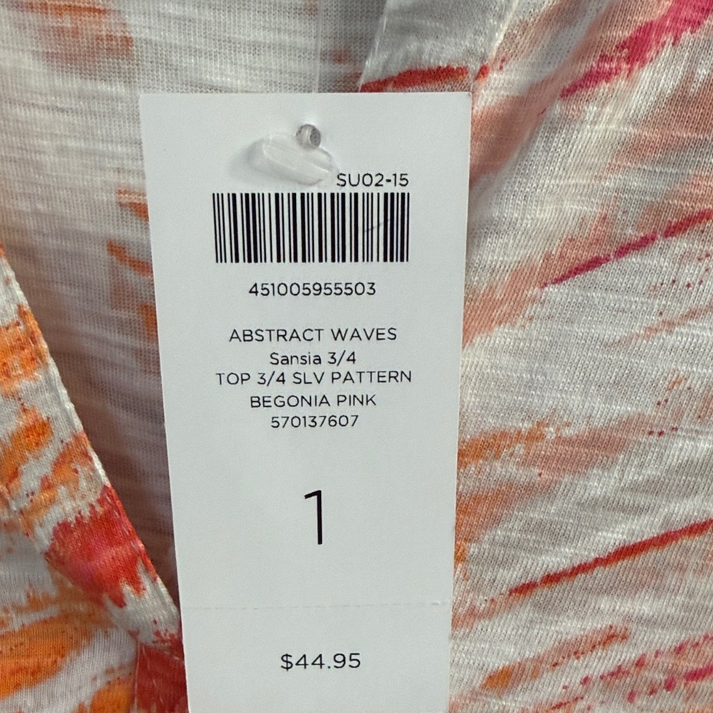 Beachy Chico's Vibrant Pink and Orange Abstract Wave Pattern 3/4 Sleeve- Size M - Picture 3 of 5